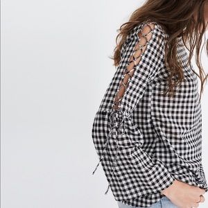 Madewell Gingham Lace-up Bell Sleeve Top in XXS
